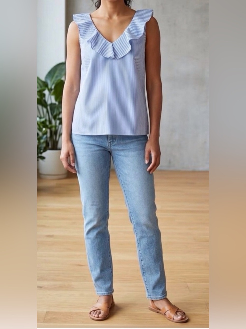 J CREW Blue and White Striped Cotton Sleeveless Blouse